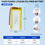 THOR 653570 3.7V 1800mAh LiPo battery dimension drawing showing T×W×L = 6.5 × 35 × 72 mm (with PCM) and 2-pin connector polarity