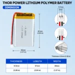 THOR 654065 3.7V 2000mAh LiPo battery dimension drawing showing T×W×L = 6.5 × 40 × 67 mm (with PCM) and 2-pin connector polarity