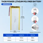 THOR 6548118 3.7V 5000mAh LiPo battery dimension drawing showing T×W×L = 6.5 × 48 × 120 mm (with PCM) and 2-pin connector polarity