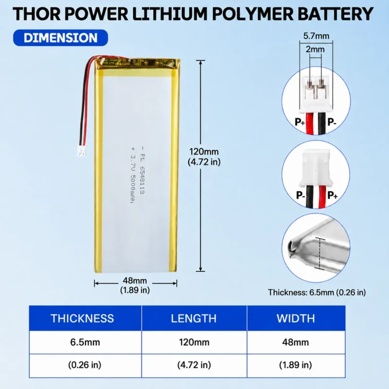 THOR 6548118 3.7V 5000mAh LiPo battery dimension drawing showing T×W×L = 6.5 × 48 × 120 mm (with PCM) and 2-pin connector polarity