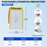 THOR 655080 3.7V 3000mAh LiPo battery dimension drawing showing T×W×L = 6.5 × 50 × 82 mm (with PCM) and 2-pin connector polarity