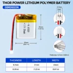 THOR 672329 3.7V 350mAh LiPo battery dimension drawing showing T×W×L = 6.7 × 23 × 31 mm (with PCM) and 2-pin connector polarity