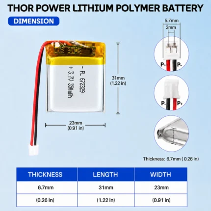 THOR 672329 3.7V 350mAh LiPo battery dimension drawing showing T×W×L = 6.7 × 23 × 31 mm (with PCM) and 2-pin connector polarity