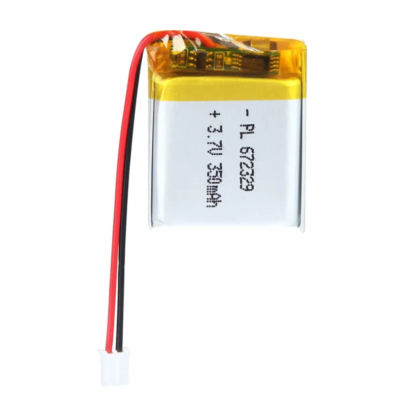 THOR 672329 3.7V 350mAh lithium polymer battery with PCM protection, red and black lead wires, and 2-pin connector