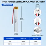 THOR 701488 3.7V 850mAh LiPo battery dimension drawing showing T×W×L = 7.0 × 14 × 90 mm (with PCM) and 2-pin connector polarity