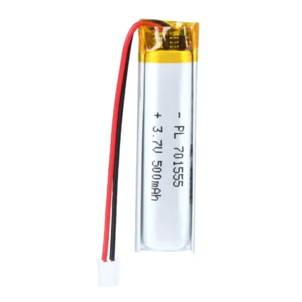 THOR 701555 3.7V 500mAh lithium polymer battery with PCM protection, red and black lead wires, and 2-pin connector