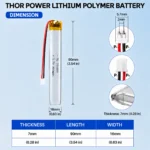 THOR 701688 3.7V 900mAh LiPo battery dimension drawing showing T×W×L = 7.0 × 16 × 90 mm (with PCM) and 2-pin connector polarity
