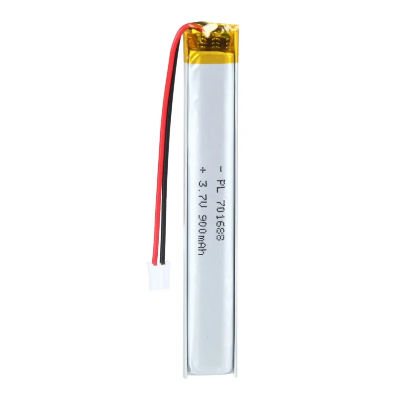 THOR 701688 3.7V 900mAh lithium polymer battery with PCM protection, red and black lead wires, and 2-pin connector