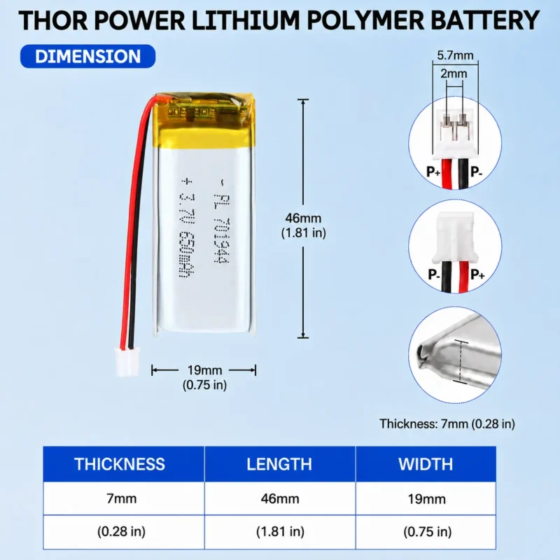 THOR 701944 3.7V 650mAh LiPo battery dimension drawing showing T×W×L = 7.0 × 19 × 46 mm (with PCM) and 2-pin connector polarity