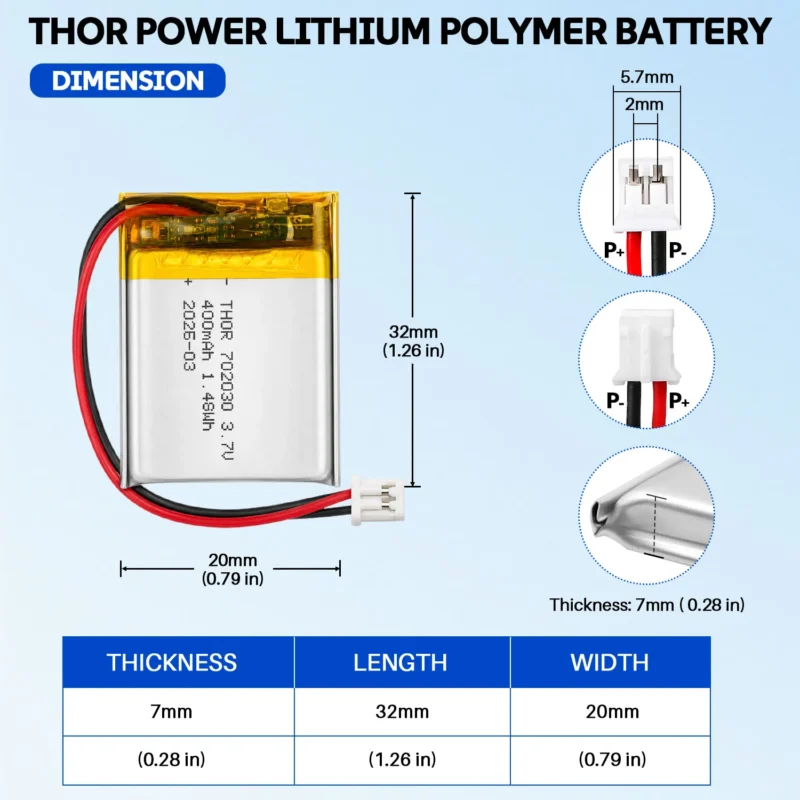 THOR 702030 3.7V 400mAh LiPo battery dimension drawing showing T×W×L = 7.0 × 20 × 32 mm (with PCM) and 2-pin connector polarity