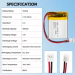 THOR 702030 3.7V 400mAh lithium polymer battery specifications with dimensions and connector details