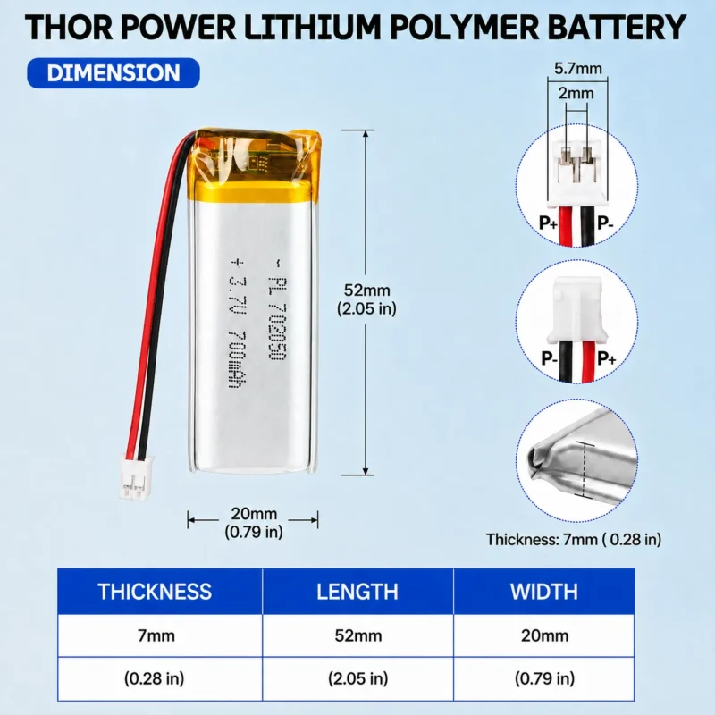 THOR 702050 3.7V 700mAh LiPo battery dimension drawing showing T×W×L = 7.0 × 20 × 52 mm (with PCM) and 2-pin connector polarity