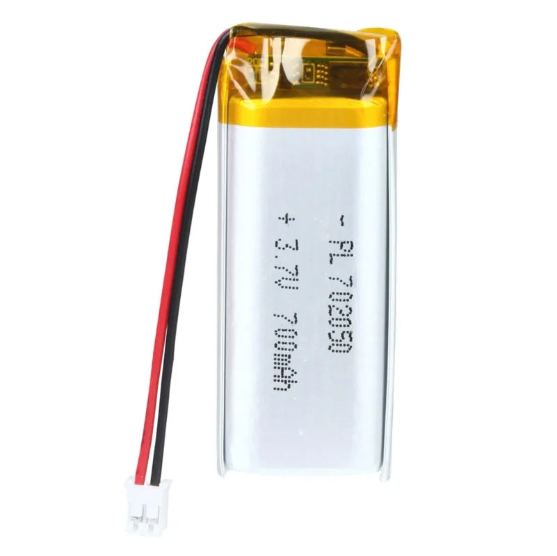 THOR 702050 3.7V 700mAh lithium polymer battery with PCM protection, red and black lead wires, and 2-pin connector