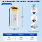 THOR 702248 3.7V 720mAh LiPo battery dimension drawing showing T×W×L = 7.0 × 22 × 50 mm (with PCM) and 2-pin connector polarity