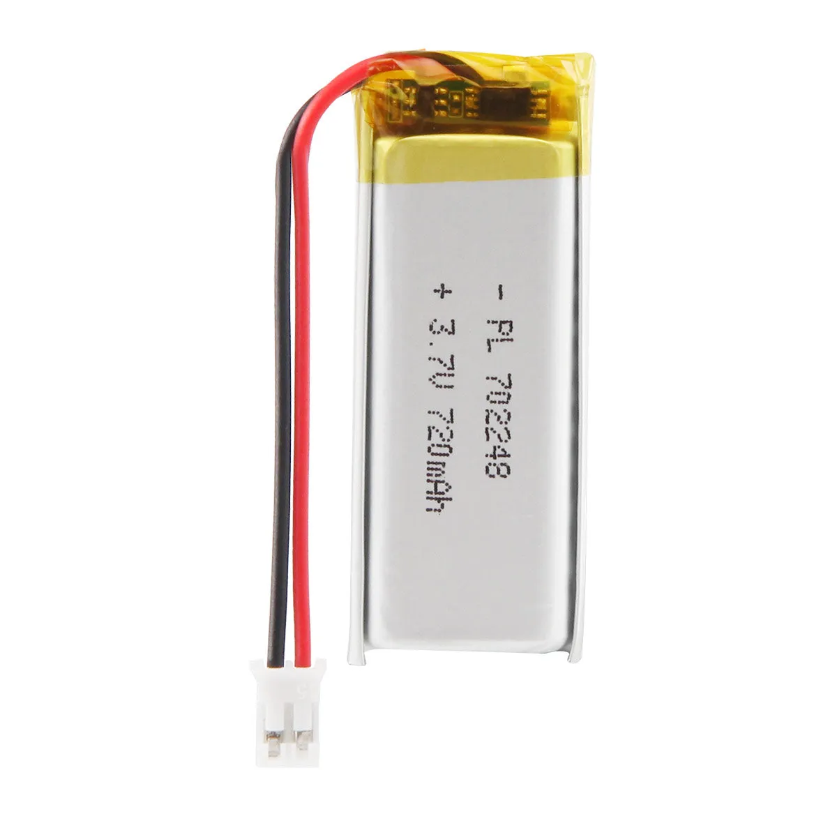 thor-702248-lithium-polymer-battery THOR 702248 3.7V 720mAh lithium polymer battery with PCM protection, red and black lead wires, and 2-pin connector
