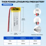 THOR 702250 3.7V 750mAh LiPo battery dimension drawing showing T×W×L = 7.0 × 22 × 52 mm (with PCM) and 2-pin connector polarity