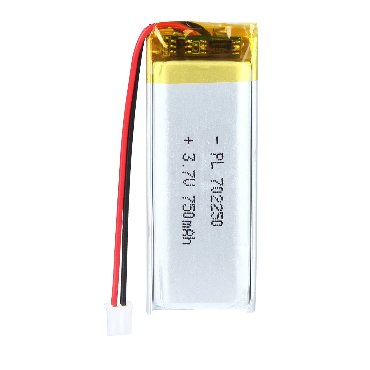 thor-702250-lithium-polymer-battery THOR 702250 3.7V 750mAh lithium polymer battery with PCM protection, red and black lead wires, and 2-pin connector