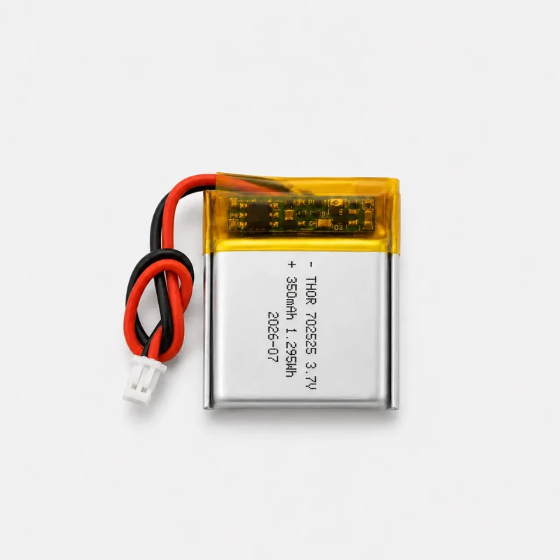 THOR 702525 3.7V 350mAh lithium polymer battery with PCM protection, red and black lead wires, and 2-pin connector