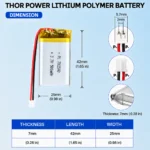 THOR 702540 3.7V 500mAh LiPo battery dimension drawing showing T×W×L = 7.0 × 25 × 42 mm (with PCM) and 2-pin connector polarity