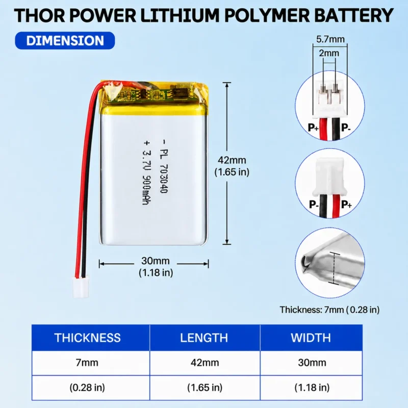 THOR 703040 3.7V 900mAh LiPo battery dimension drawing showing T×W×L = 7.0 × 30 × 42 mm (with PCM) and 2-pin connector polarity