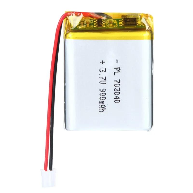 THOR 703040 3.7V 900mAh lithium polymer battery with PCM protection, red and black lead wires, and 2-pin connector