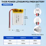 THOR 703045 3.7V 950mAh LiPo battery dimension drawing showing T×W×L = 7.0 × 30 × 47 mm (with PCM) and 2-pin connector polarity