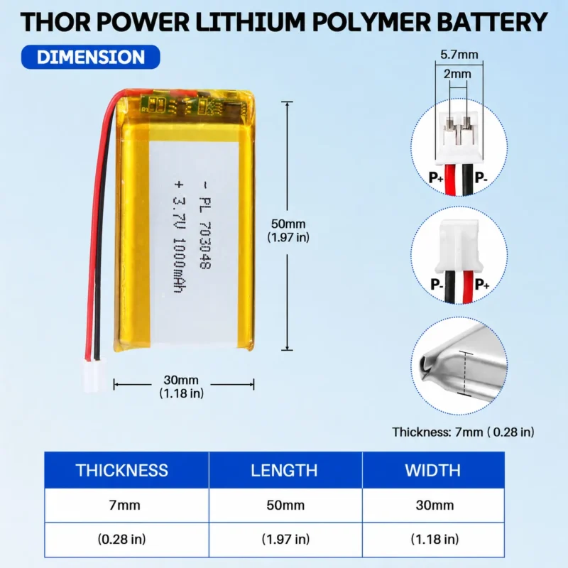 THOR 703048 3.7V 1000mAh LiPo battery dimension drawing showing T×W×L = 7.0 × 30 × 50 mm (with PCM) and 2-pin connector polarity