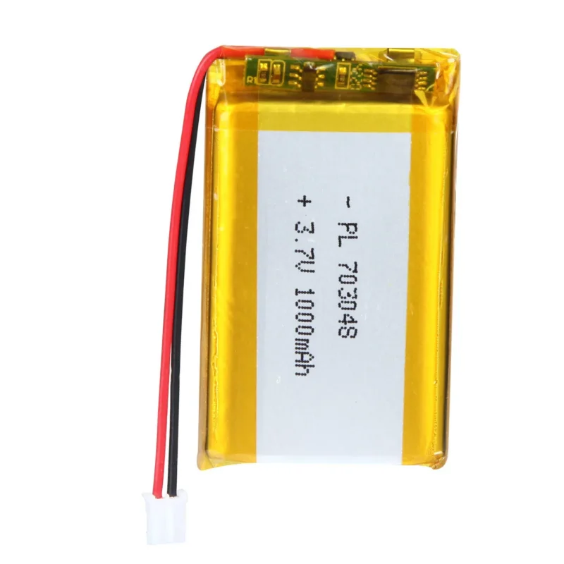 THOR 703048 3.7V 1000mAh lithium polymer battery with PCM protection, red and black lead wires, and 2-pin connector