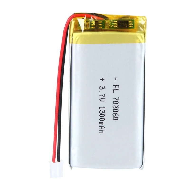 THOR 703060 3.7V 1300mAh lithium polymer battery with PCM protection, red and black lead wires, and 2-pin connector