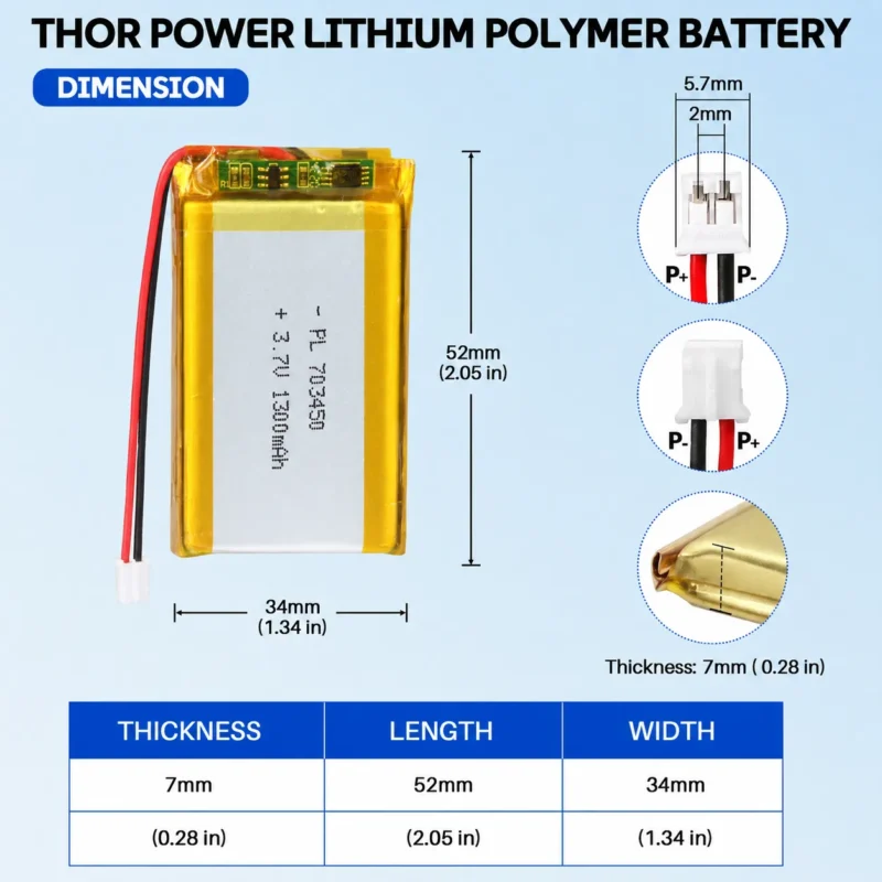 THOR 703450 3.7V 1300mAh LiPo battery dimension drawing showing T×W×L = 7.0 × 34 × 52 mm (with PCM) and 2-pin connector polarity