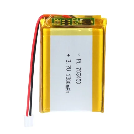 THOR 703450 3.7V 1300mAh lithium polymer battery with PCM protection, red and black lead wires, and 2-pin connector