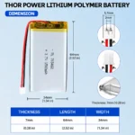 THOR 703462 3.7V 1500mAh LiPo battery dimension drawing showing T×W×L = 7.0 × 34 × 64 mm (with PCM) and 2-pin connector polarity