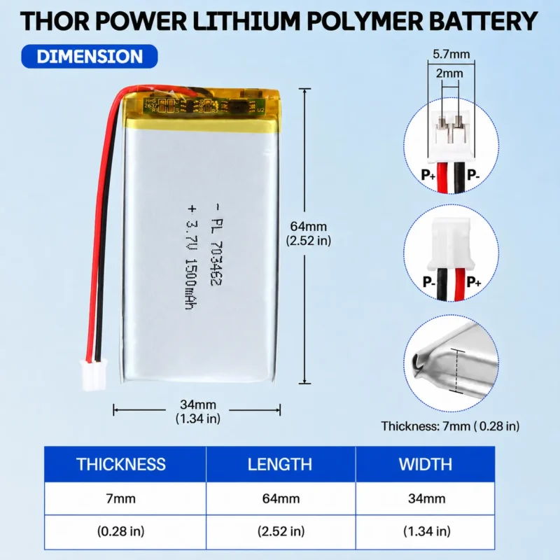 THOR 703462 3.7V 1500mAh LiPo battery dimension drawing showing T×W×L = 7.0 × 34 × 64 mm (with PCM) and 2-pin connector polarity