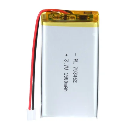 THOR 703462 3.7V 1500mAh lithium polymer battery with PCM protection, red and black lead wires, and 2-pin connector