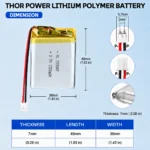 THOR 703647 3.7V 1300mAh LiPo battery dimension drawing showing T×W×L = 7.0 × 36 × 49 mm (with PCM) and 2-pin connector polarity