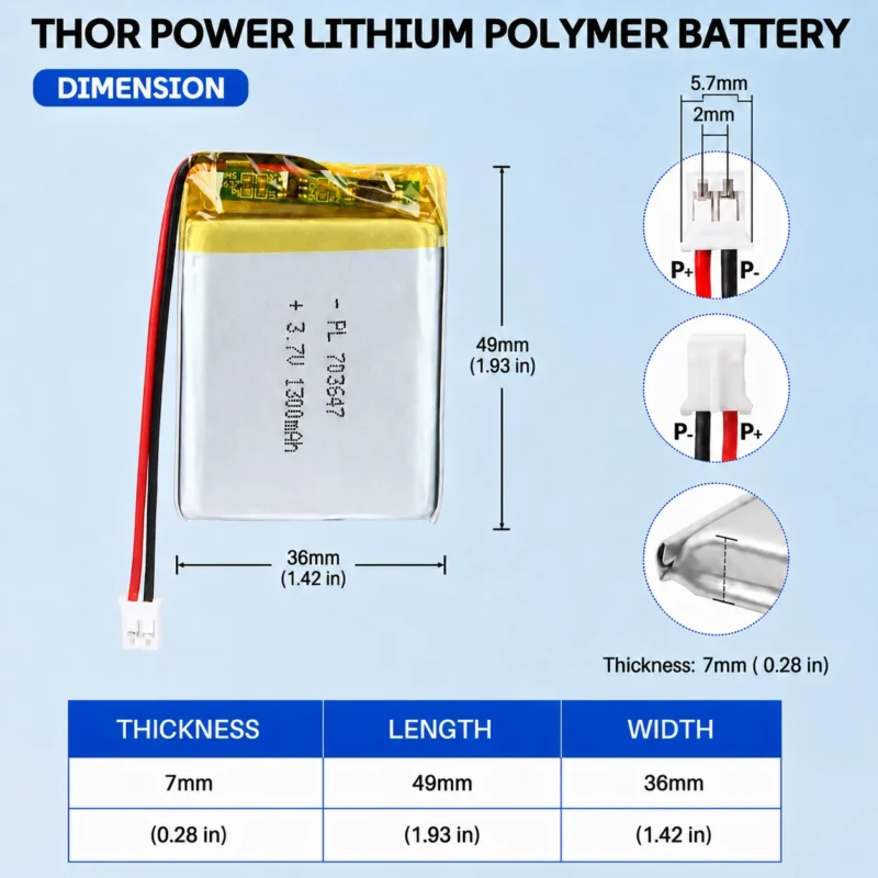 THOR 703647 3.7V 1300mAh LiPo battery dimension drawing showing T×W×L = 7.0 × 36 × 49 mm (with PCM) and 2-pin connector polarity