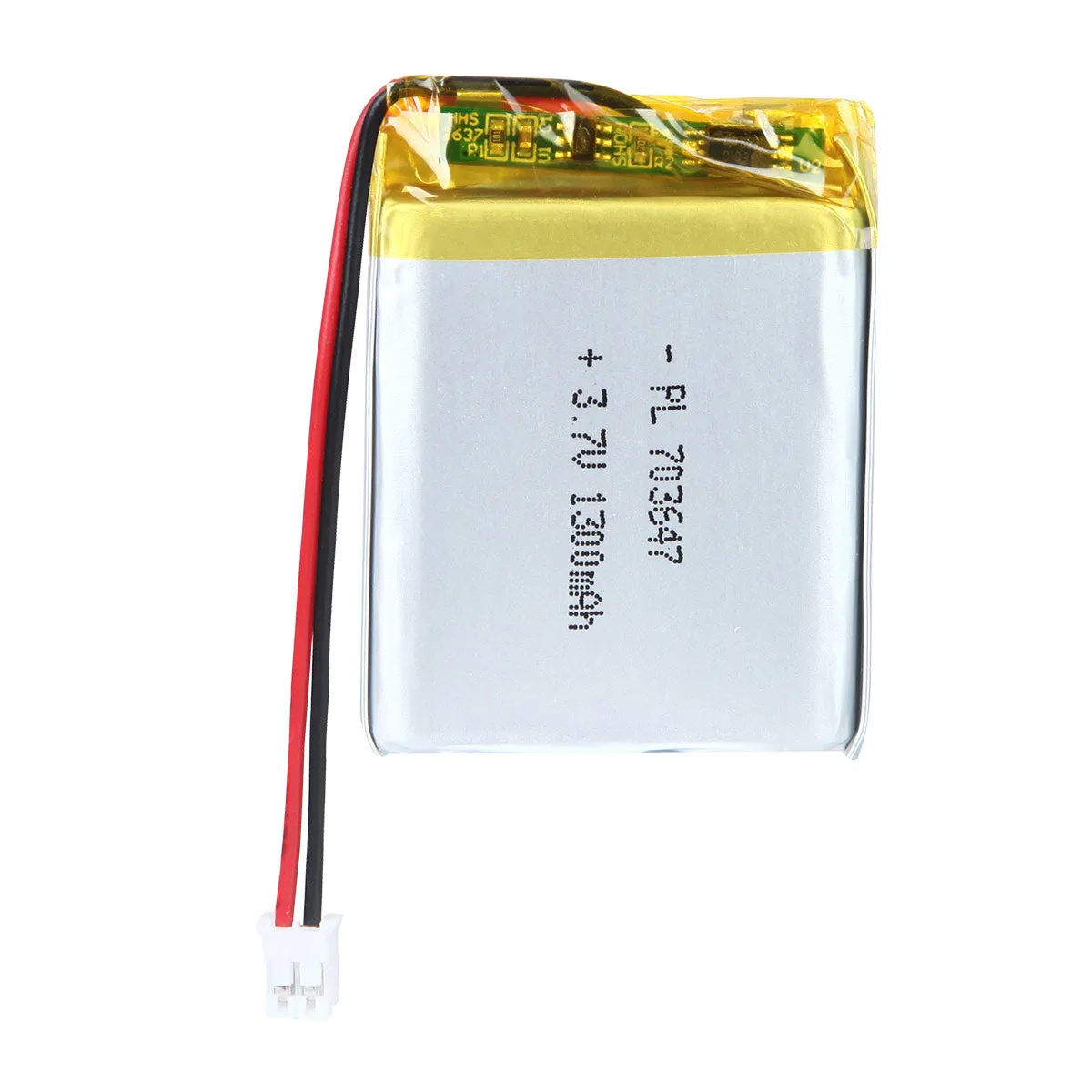 thor-703647-lithium-polymer-battery THOR 703647 3.7V 1300mAh lithium polymer battery with PCM protection, red and black lead wires, and 2-pin connector