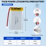 THOR 703769 3.7V 1920mAh LiPo battery dimension drawing showing T×W×L = 7.0 × 37 × 71 mm (with PCM) and 2-pin connector polarity