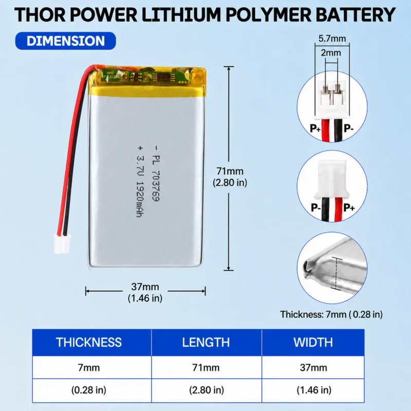 THOR 703769 3.7V 1920mAh LiPo battery dimension drawing showing T×W×L = 7.0 × 37 × 71 mm (with PCM) and 2-pin connector polarity