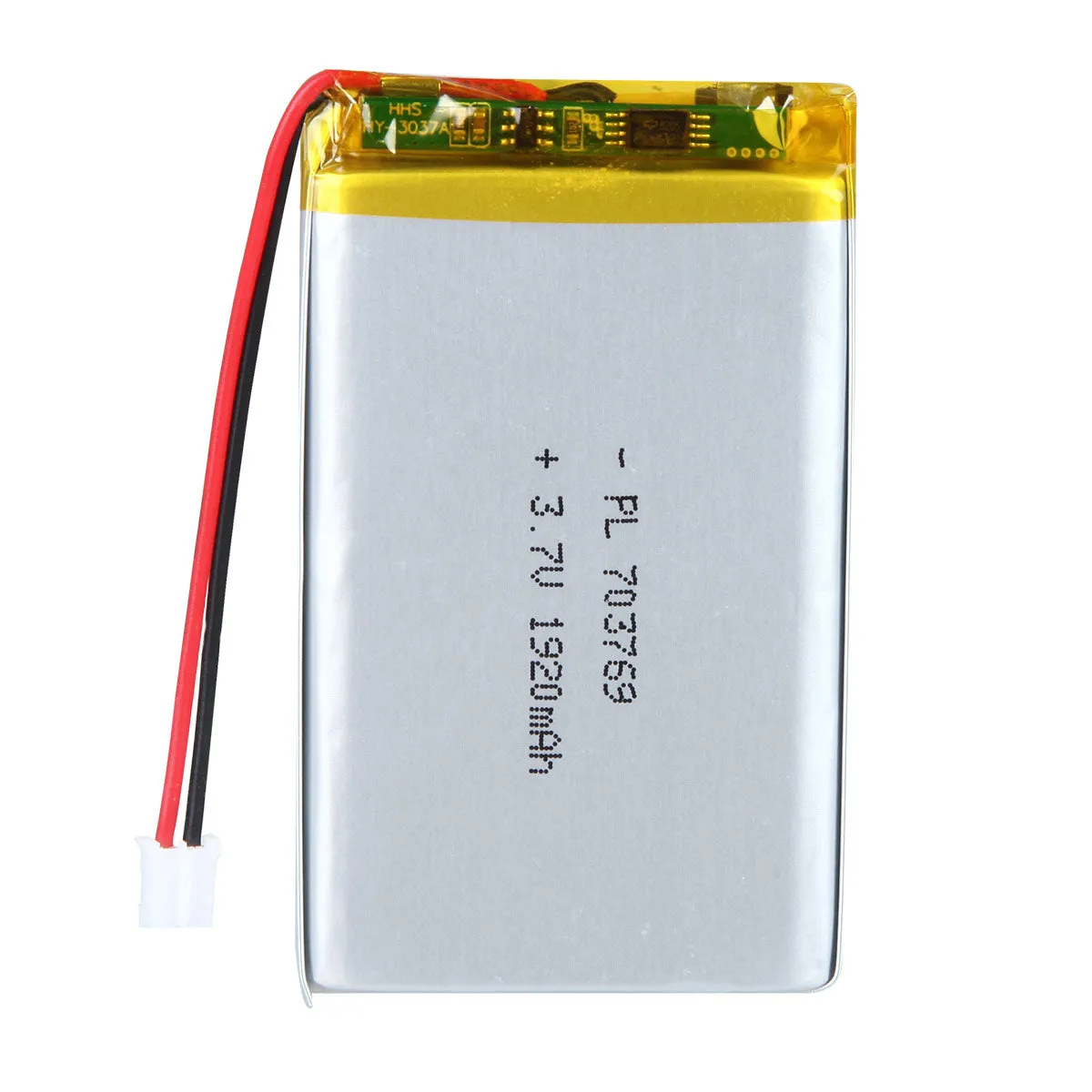 thor-703769-lithium-polymer-battery THOR 703769 3.7V 1920mAh lithium polymer battery with PCM protection, red and black lead wires, and 2-pin connector