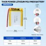 THOR 704050 3.7V 1600mAh LiPo battery dimension drawing showing T×W×L = 7.0 × 40 × 52 mm (with PCM) and 2-pin connector polarity