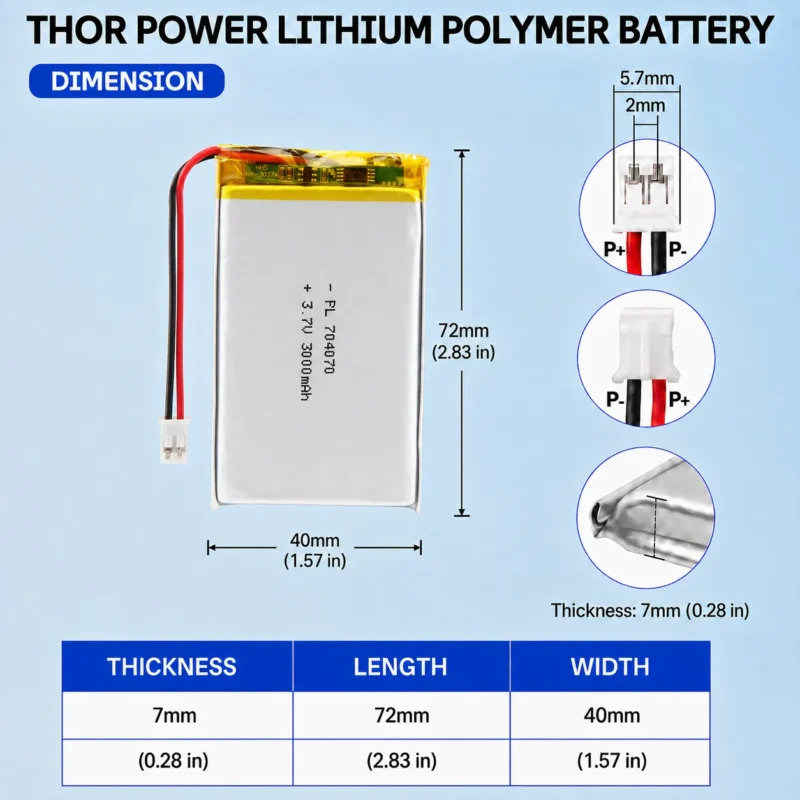 THOR 704070 3.7V 3000mAh LiPo battery dimension drawing showing T×W×L = 7.0 × 40 × 72 mm (with PCM) and 2-pin connector polarity
