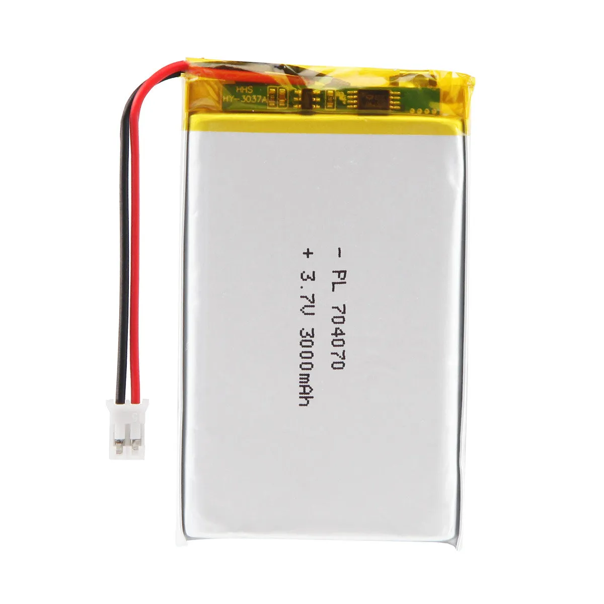 thor-704070-lithium-polymer-battery THOR 704070 3.7V 3000mAh lithium polymer battery with PCM protection, red and black lead wires, and 2-pin connector