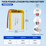THOR 704250 3.7V 1700mAh LiPo battery dimension drawing showing T×W×L = 7.0 × 42 × 52 mm (with PCM) and 2-pin connector polarity