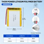 THOR 704865 3.7V 2400mAh LiPo battery dimension drawing showing T×W×L = 7.0 × 48 × 67 mm (with PCM) and 2-pin connector polarity