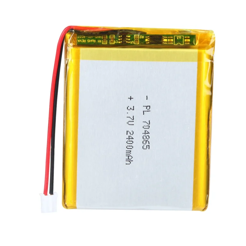 THOR 704865 3.7V 2400mAh lithium polymer battery with PCM protection, red and black lead wires, and 2-pin connector