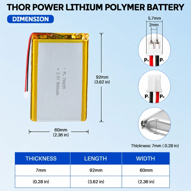 THOR 706090 3.7V 5000mAh LiPo battery dimension drawing showing T×W×L = 7.0 × 60 × 92 mm (with PCM) and 2-pin connector polarity