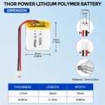 THOR 722528 3.7V 450mAh LiPo battery dimension drawing showing T×W×L = 7.2 × 25 × 30 mm (with PCM) and 2-pin connector polarity