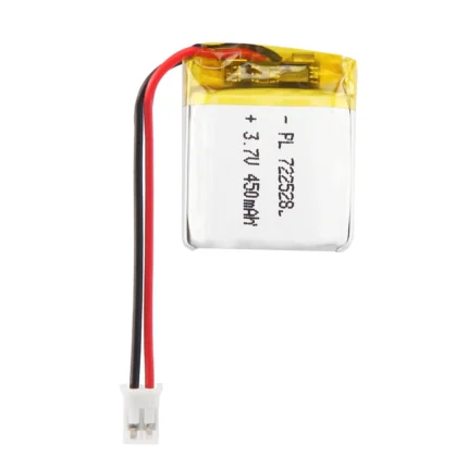 THOR 722528 3.7V 450mAh lithium polymer battery with PCM protection, red and black lead wires, and 2-pin connector