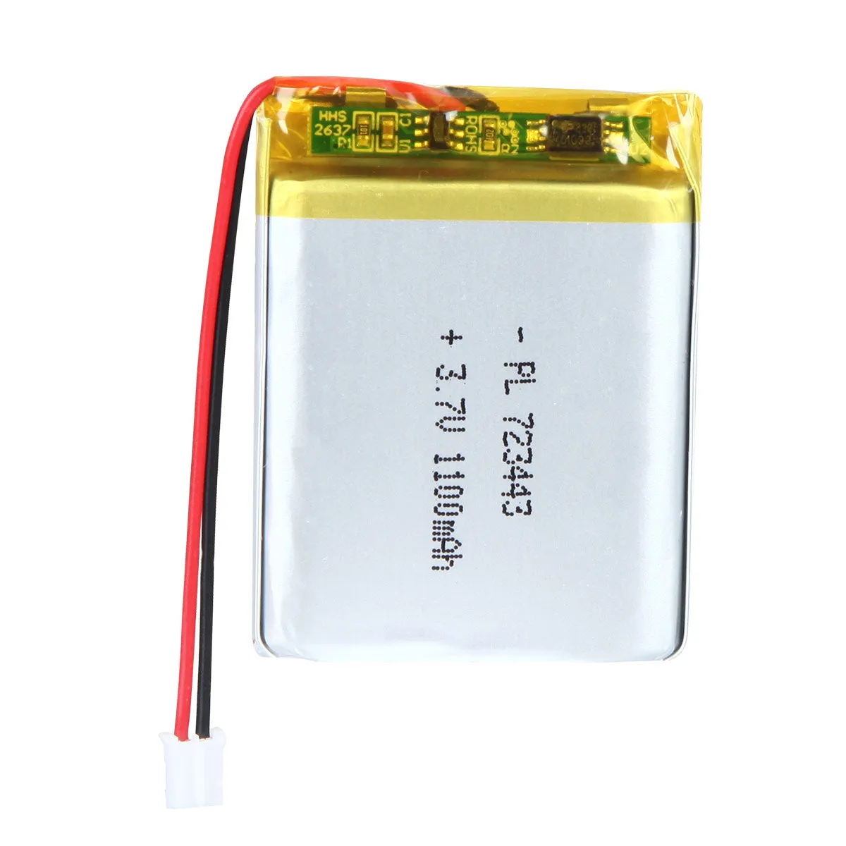 thor-723443-lithium-polymer-battery THOR 723443 3.7V 1100mAh lithium polymer battery with PCM protection, red and black lead wires, and 2-pin connector